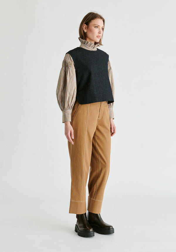 Denim Effect Top in Embossed Print in Dark Denim Blue Side